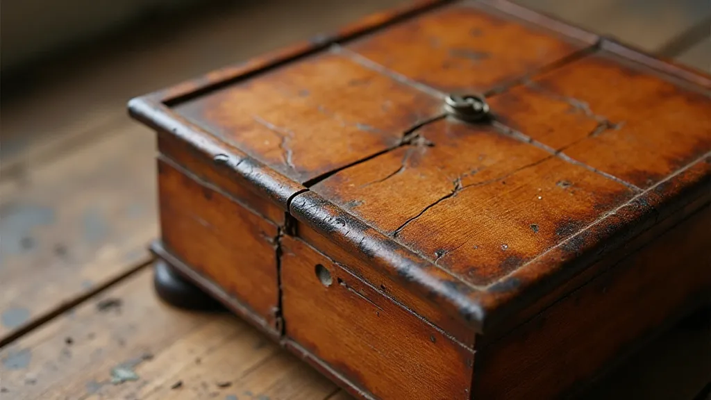 A vintage music box case with a prominent crack running across the wood surface.