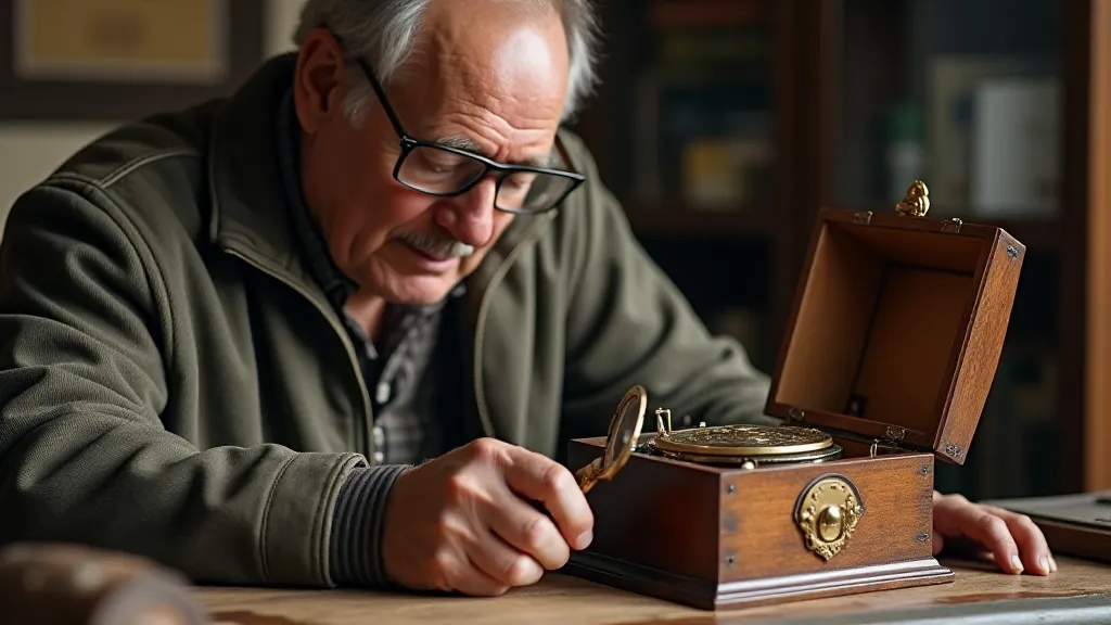 Dealer inspecting an antique music box