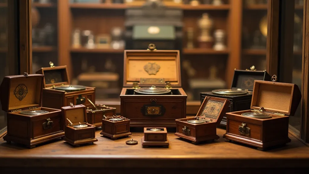 Group of various antique music boxes on display.