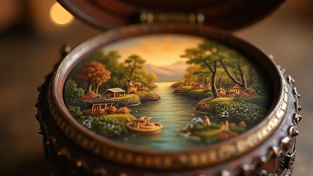 Close-up view of intricately painted scene on an antique music box.