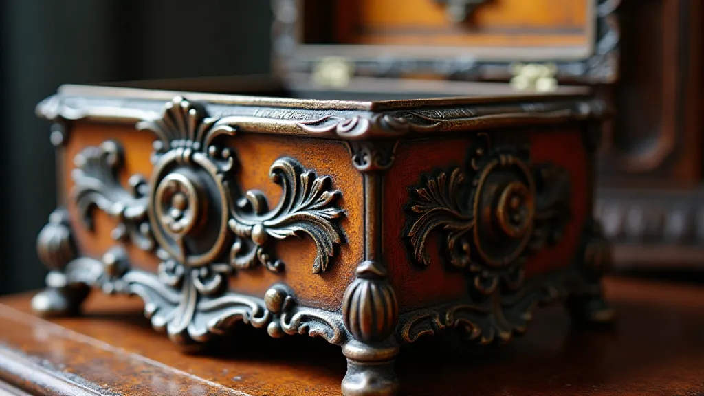 Ornate antique music box case with intricate carving