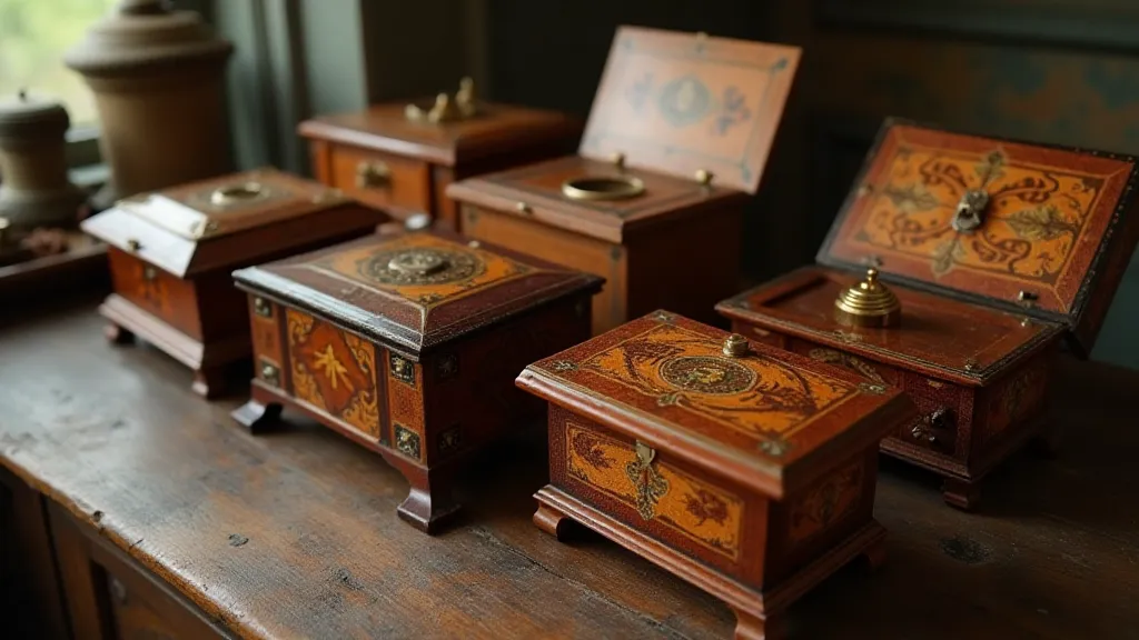 Collection of antique music boxes with inlay work