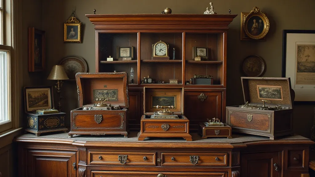 A collection of antique music boxes