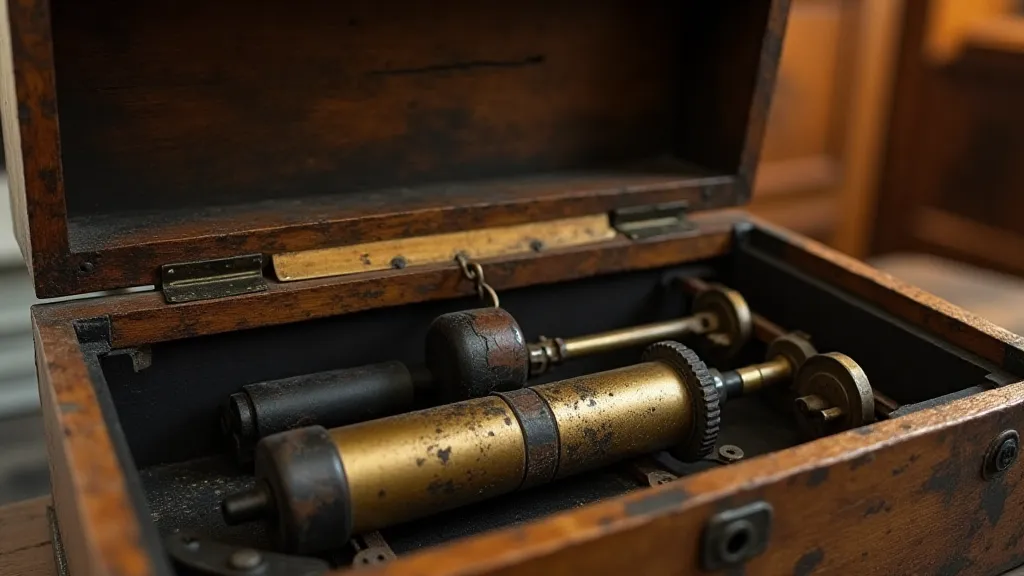 Interior view of an antique music box, showing the intricate cylinder and comb mechanism.