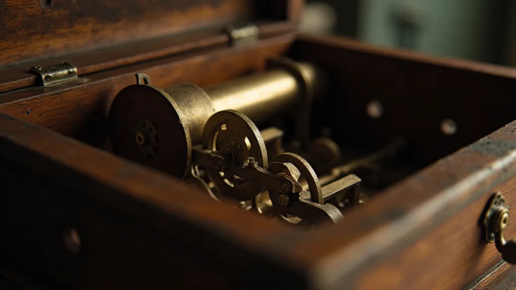 Antique music box mechanism visible