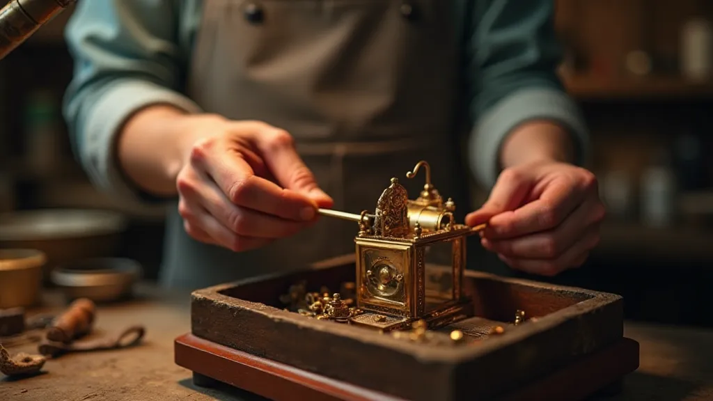 A craftsman carefully examining the inner workings of an antique music box during a restoration process.