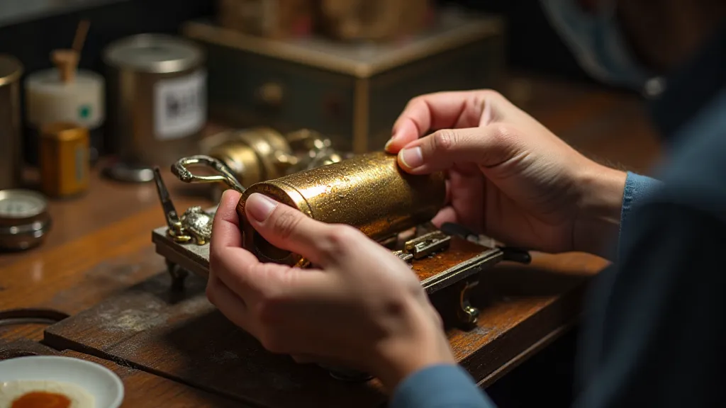 Restorer cleaning a music box cylinder