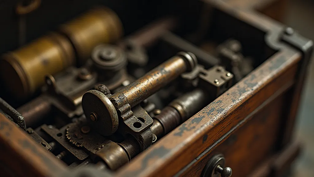 Close-up of a music box mechanism with visible grime and a stuck lever.