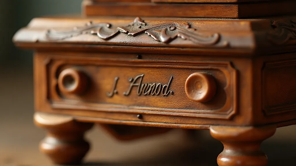 Close-up of a Swiss music box marking reading 'J. Junod'.