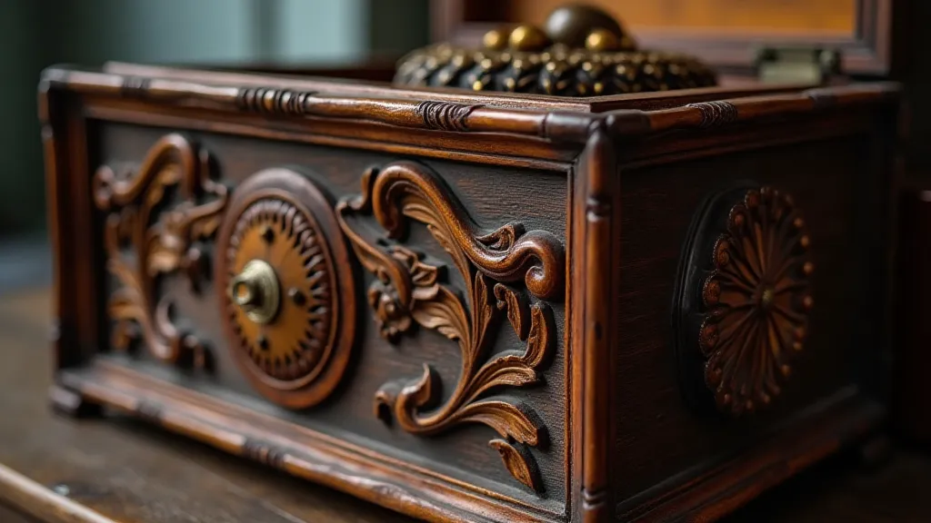 An ornate, Victorian-era music box with intricate carvings of flowers and leaves.